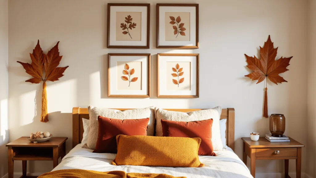 "Sunny autumn-themed bedroom with orange and copper tones, botanical prints, chunky knit throws, velvet pillows, macramé wall hangings, rattan accents and string lights"