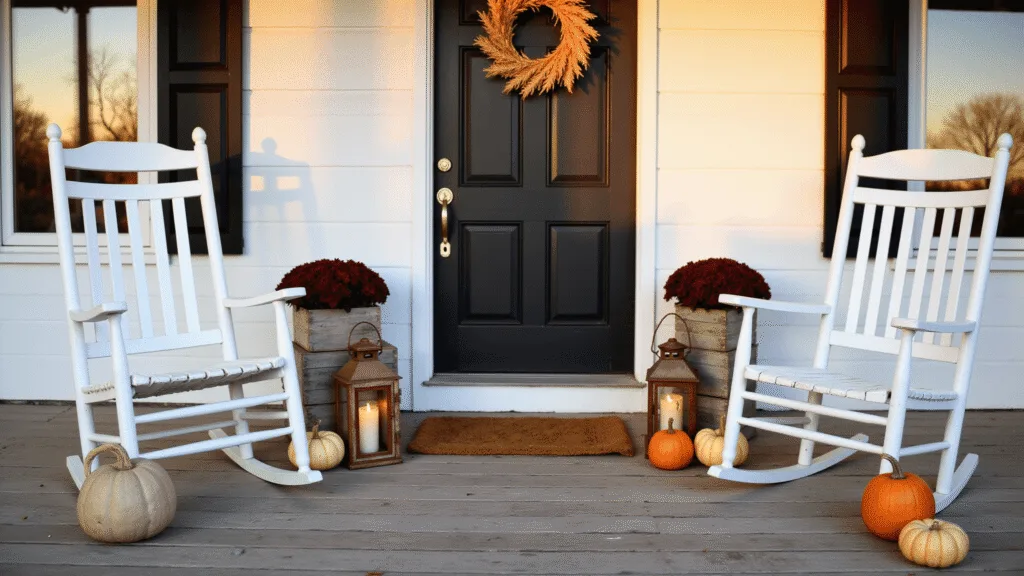 "Charming autumn porch with white rocking chairs, heirloom pumpkins, burgundy mums in wooden crates, copper lanterns and a wheat wreath on a black door bathed in sunset glow"