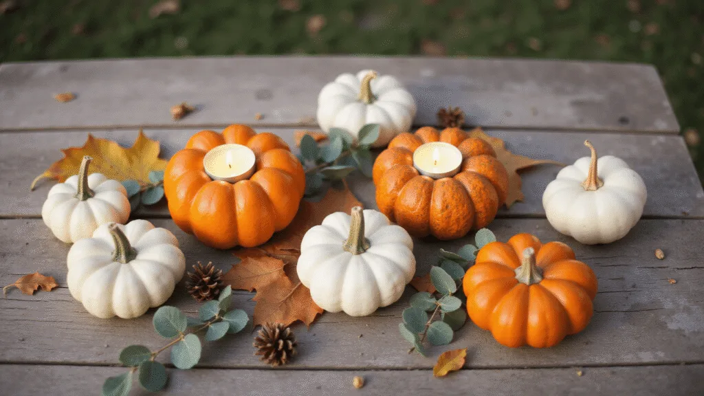 "DIY mini pumpkin candleholders on a rustic wooden table with autumn leaves, pinecones, and eucalyptus sprigs during golden hour"