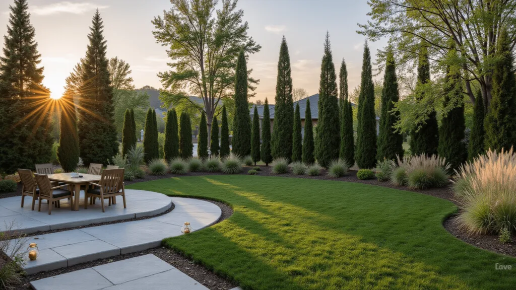 "Serenic backyard garden with tall privacy trees, stone pathway, modern outdoor furniture, and sunset lighting"