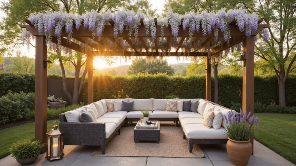 "Luxurious cedar pergola covered in white wisteria with modern furniture, warm copper lanterns, and lavender-filled terracotta pots during golden sunset"