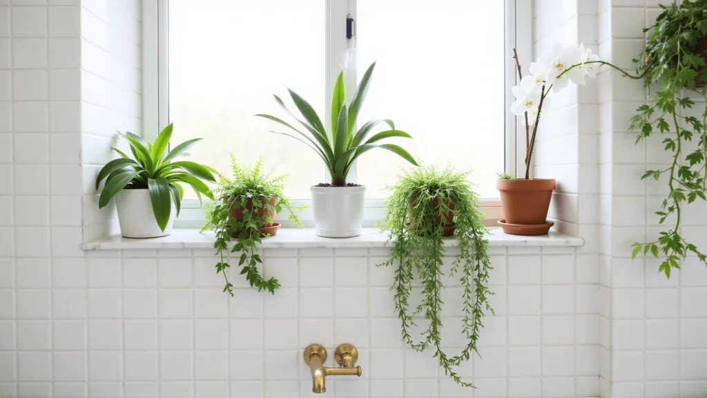 "Plants including peace lily, spider plant, Boston fern, white orchid, and philodendron arranged on white marble shelves in a minimalist, well-lit white bathroom"