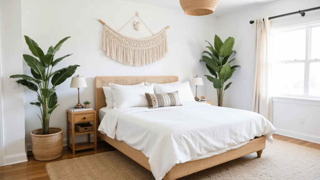 "Boho style bedroom with rattan bed, macrame wall hanging, shell decor, white linen, jute rug, potted palms and natural light creating a dreamy atmosphere"
