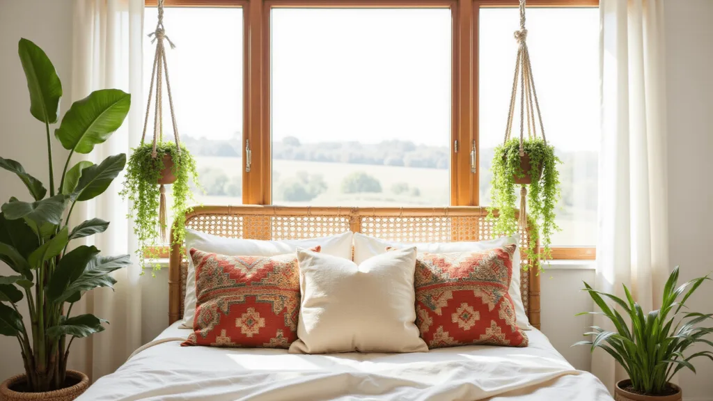 "Bohemian bedroom with hanging plants, rattan bed and bamboo headboard in warm morning sunlight"