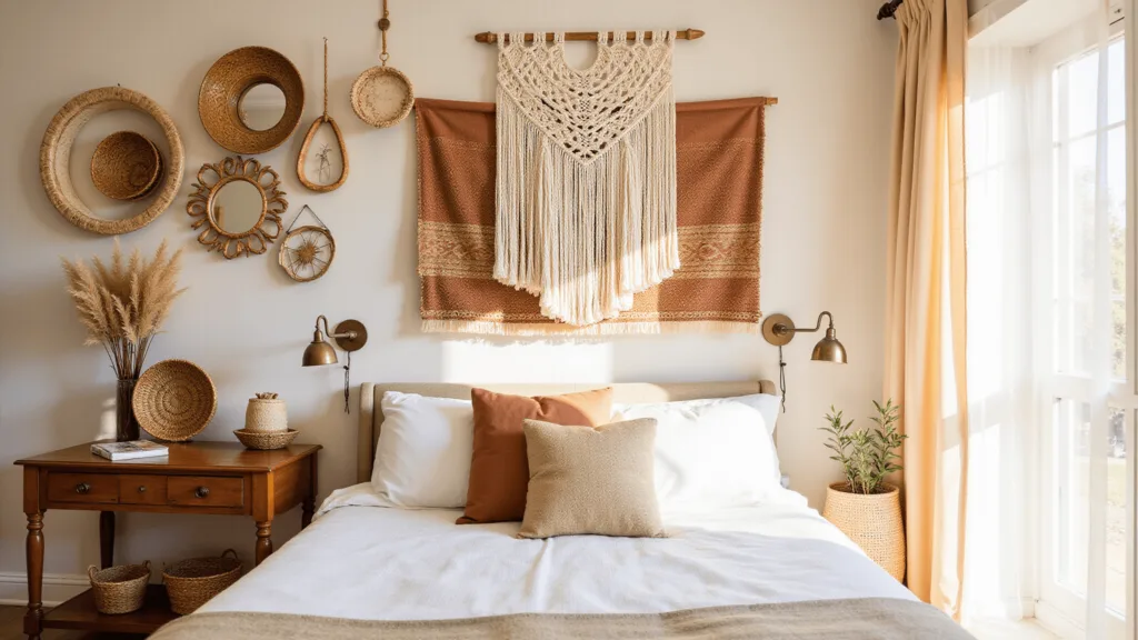 "Bohemian bedroom wall decor with macramé hanging, vintage textiles, brass accents, dried flowers, rattan baskets, and warm golden lighting"