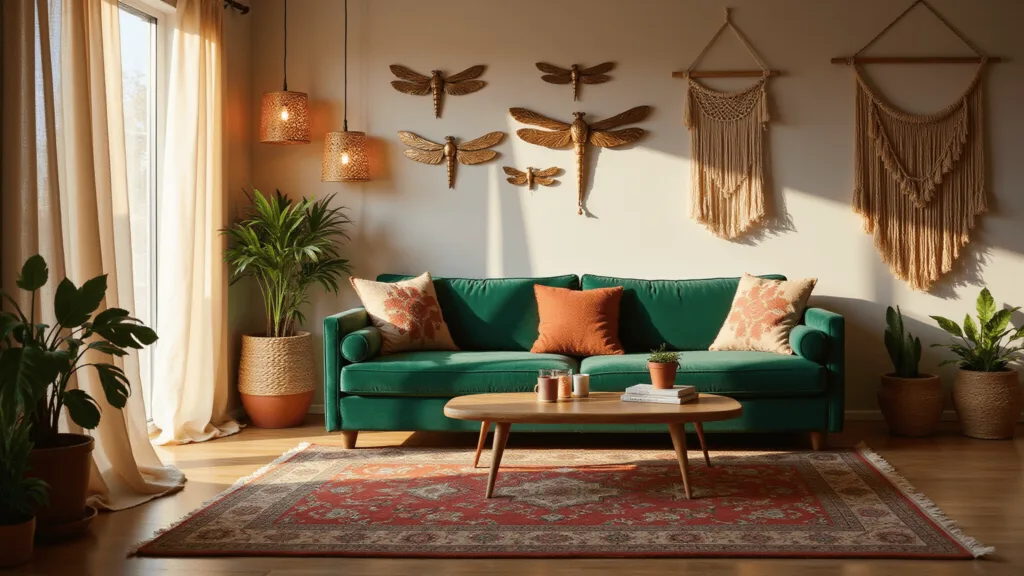 "Bohemian style living room with emerald velvet sofa, dragonfly wall art, rattan pendant lights, Persian rugs, macrame wall hangings, and potted plants in warm natural light."