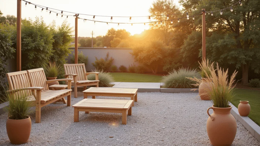 "Whimsical bohemian patio garden with magenta and turquoise furniture, wisteria pergola, and string lights at sunset"