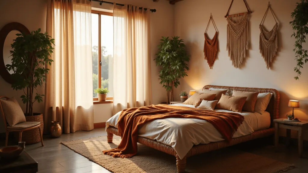 "Bohemian bedroom with rattan platform bed, macramé wall hangings, trailing plants, Moroccan textiles, brass accents, and golden hour light streaming through sheer curtains"