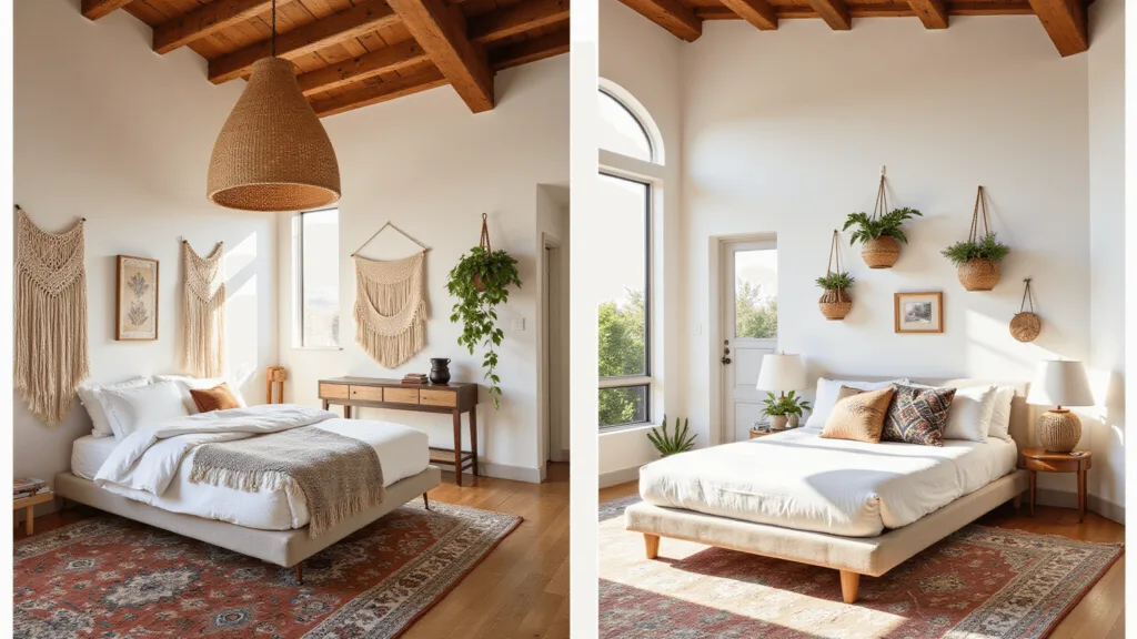 "Boho style bedroom with high ceiling, macramé decorations, rattan pendant light, white linen bed, Moroccan rugs, hanging plants and warm golden sunlight."