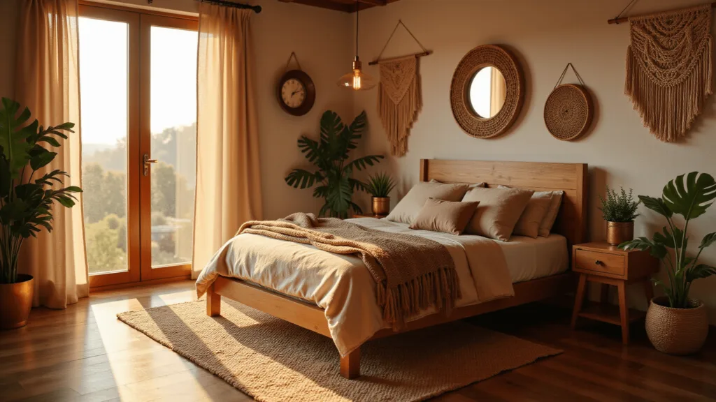 "Boho bedroom with wooden bed, brass pendant lights, gold mirrors, macramé wall hangings, monstera plants, and hardwood floor during golden hour"