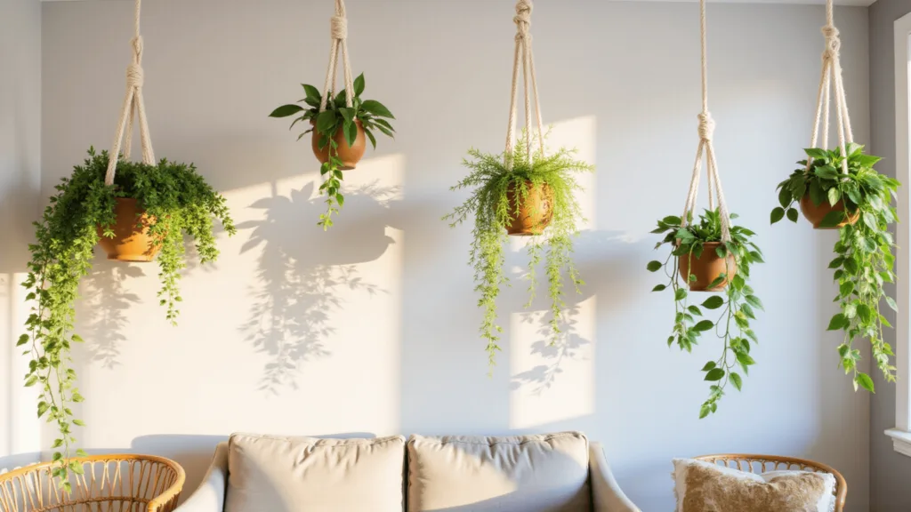 "Boho living room with pothos plants in macrame holders hanging from ceiling, bathed in golden hour sunlight with shadows on gray walls and rattan furniture below"