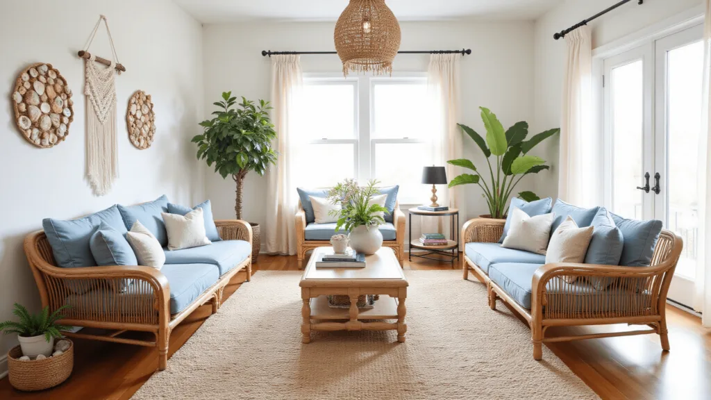 "Bohemian coastal living room with rattan furniture, macramé wall décor, and ocean tone accents"