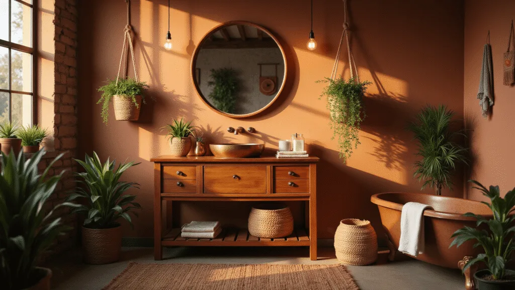 "Bohemian bathroom with terracotta walls, copper sink, wooden vanity, macramé hanging plants, and warm string lights"