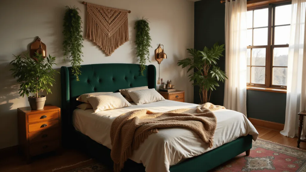 "Bohemian bedroom with emerald velvet headboard, macrame wall decor, vintage brass accents, pothos plants, and natural light filtering through white curtains"