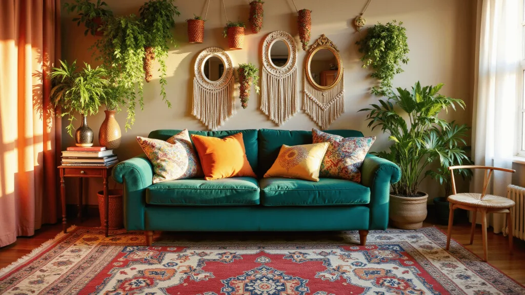 "Bohemian living room with emerald velvet sofa, vintage Persian rugs, gold mirrors, plants, macramé wall hangings, and colorful pillows during golden hour"