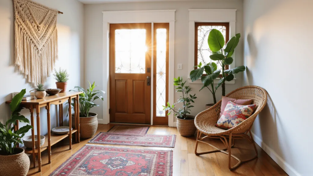 "Bohemian entryway with macramé wall hanging, Persian rugs, rattan chair, and potted pothos plants in natural sunlight."