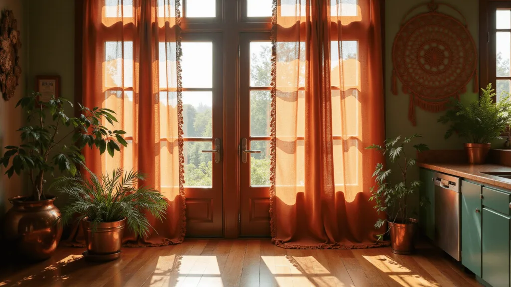 "Bohemian kitchen with terracotta and emerald curtains, copper accents, trailing plants, and golden hour lighting"