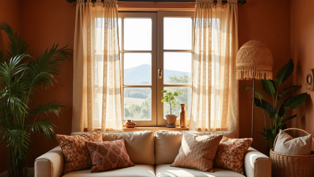 "Sunlit bohemian living room with macramé curtains, earthy tones, and vintage decor"