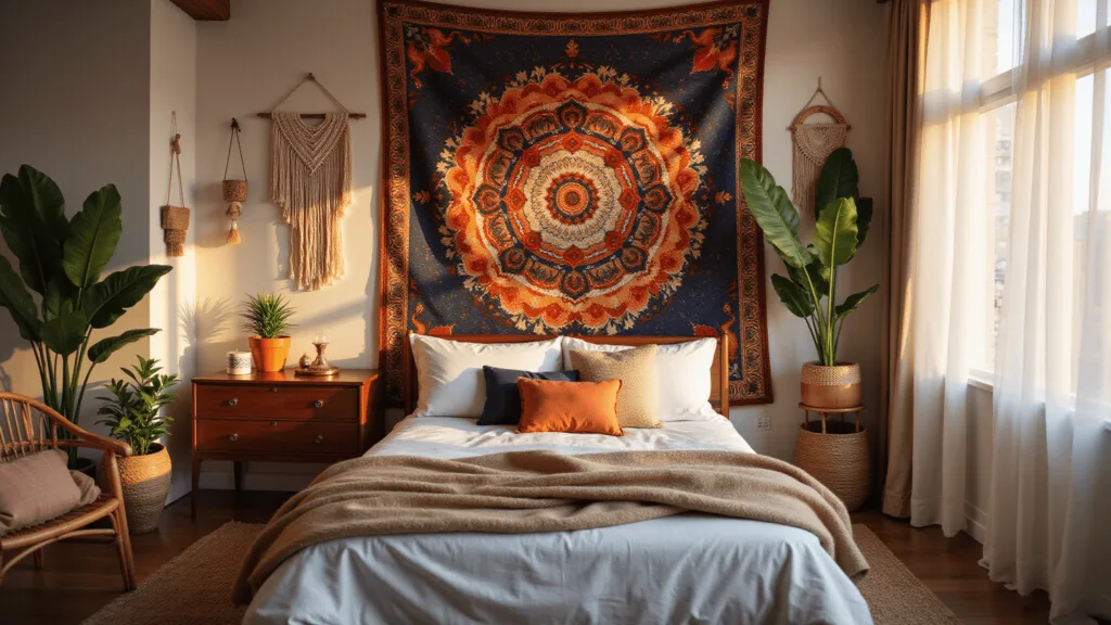 "Bohemian bedroom with mandala tapestry, rattan furniture, and elaborately layered rich earthy tones illuminated by soft golden light"