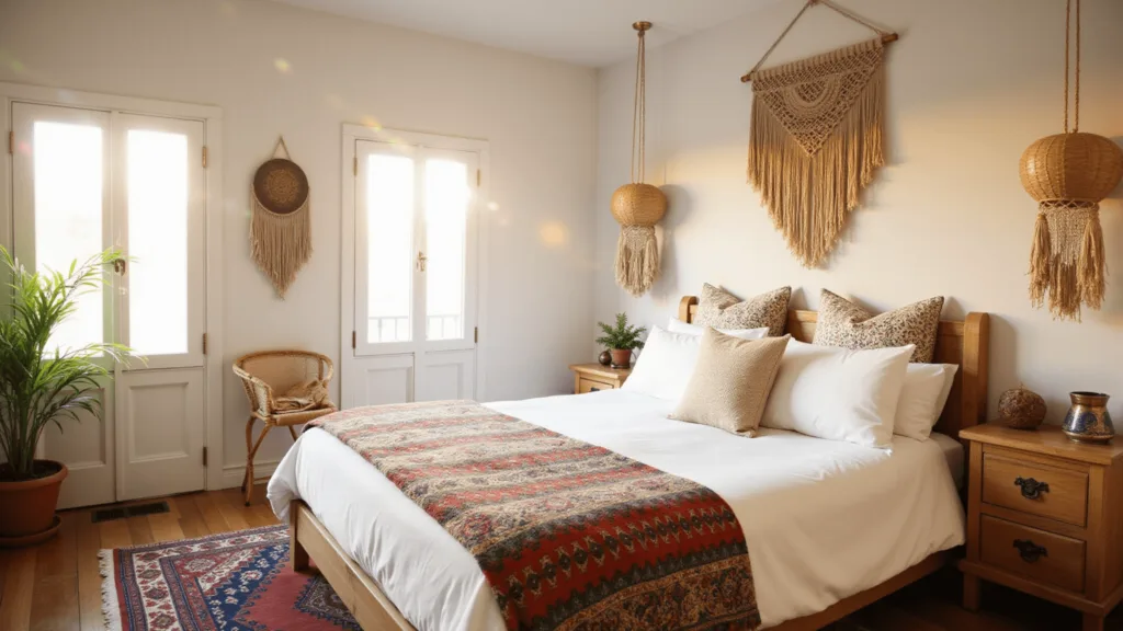 "Boho bedroom with white linen king bed, rainbow prism on walls, rattan pendant lights, macramé wall hangings, and Persian rugs in golden hour sunlight."