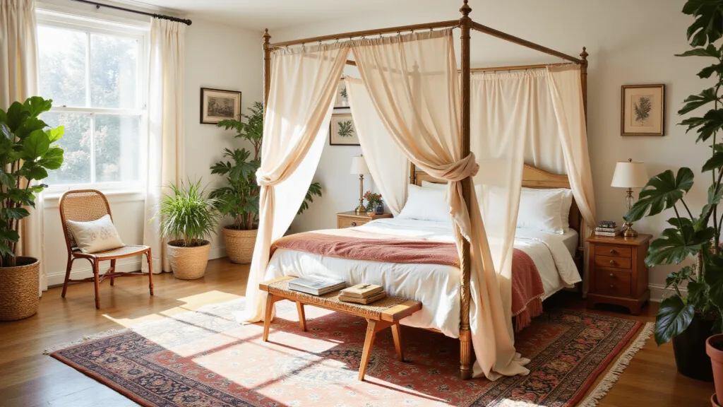"Boho bedroom with vintage brass canopy bed, Persian rugs, rattan chair, green plants and botanical decor in morning light"
