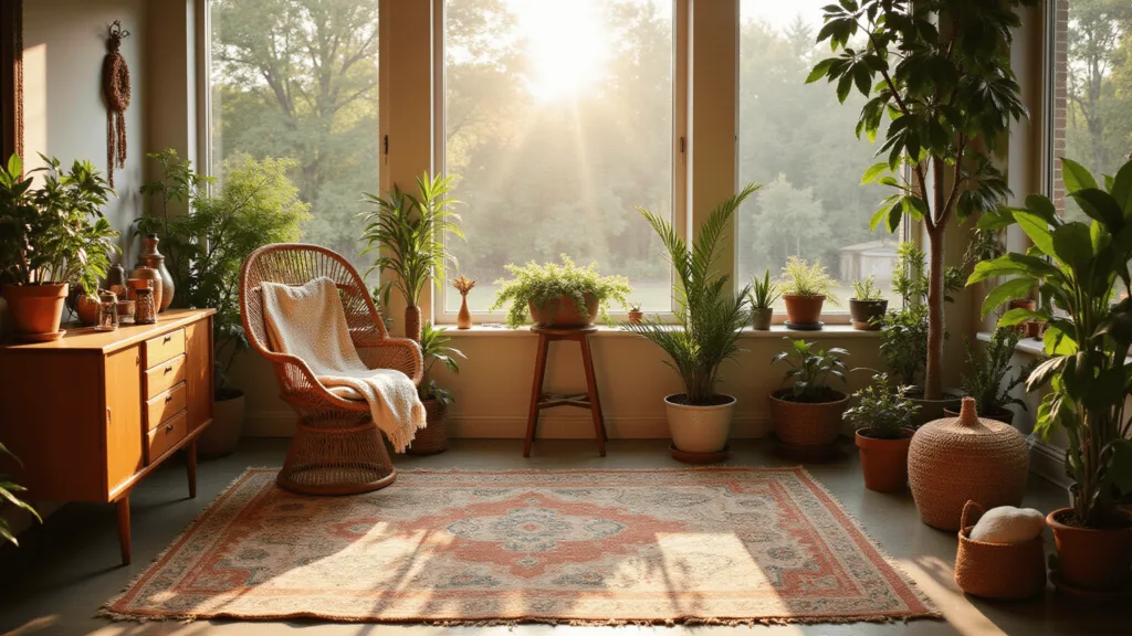 "Sunlit boho sunroom with rattan peacock chair, layered rugs and abundant plants in golden hour light"