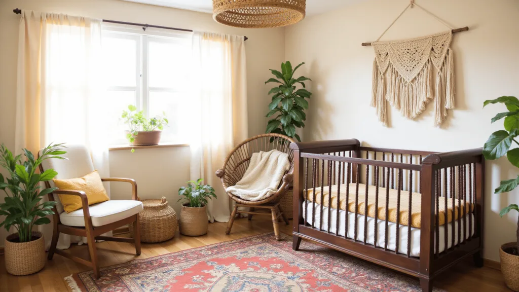 "Boho nursery with vintage crib, rattan accents, macrame wall hangings, and potted plants in earthy tones illuminated by golden hour sunlight"