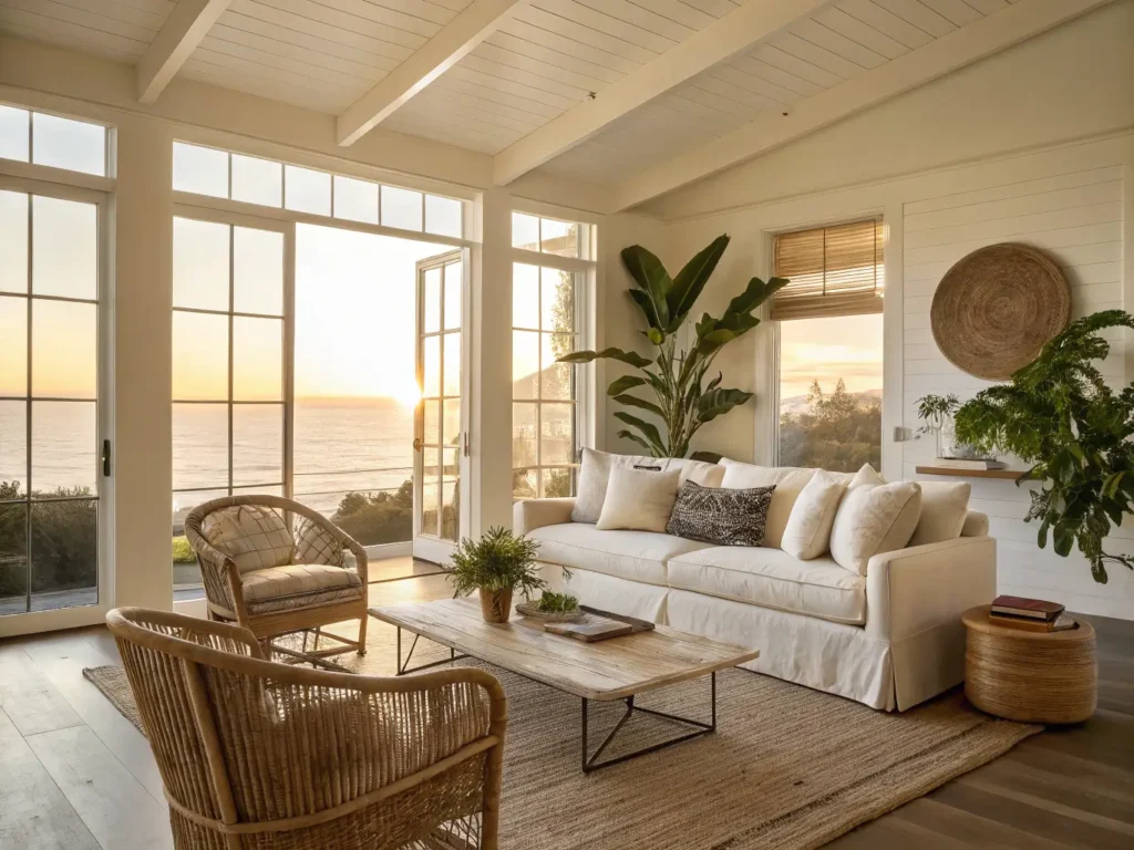 "California-style living room with ivory sectional, rattan chairs, travertine table, indoor plants, and tall windows in golden sunlight"
