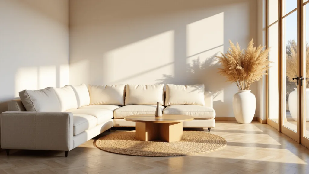 "Sunlit living room with cream bouclé sectional sofa, jute rug, and pampas grass in ceramic vase during golden hour"