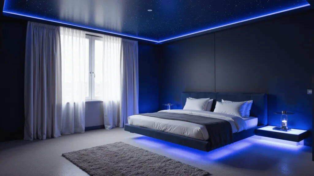 "Celestial themed bedroom at twilight with navy walls, constellation ceiling, velvet bed, floating nightstands, ethereal curtains and a blue LED glow creating a dreamy atmosphere"