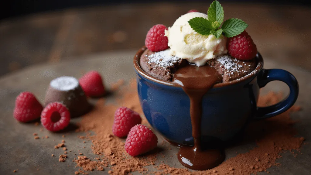 "Molten chocolate mug cake with melting vanilla ice cream and raspberries in a navy blue mug, garnished with mint on a rustic wooden surface."