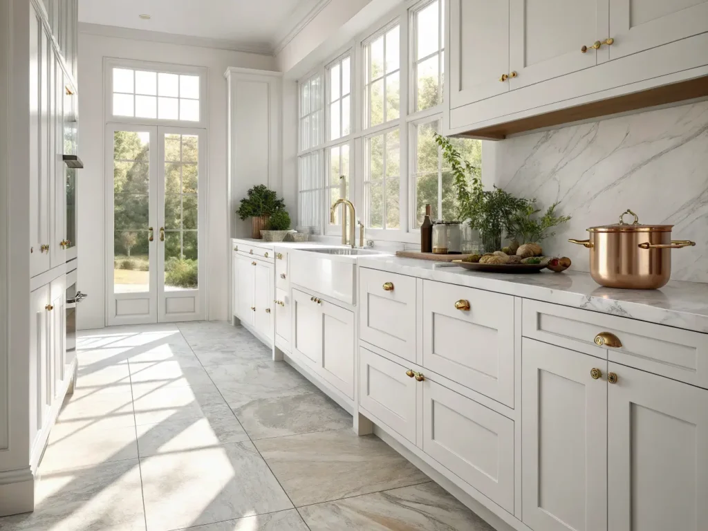 "White Shaker-style kitchen with brass hardware and marble countertops basking in morning sunlight"