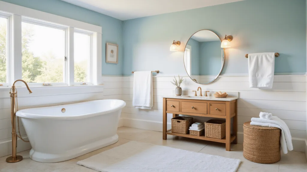 "White freestanding tub in a coastal bathroom with sea-glass blue walls, shiplap paneling, brass fixtures, natural light, and oak vanity"