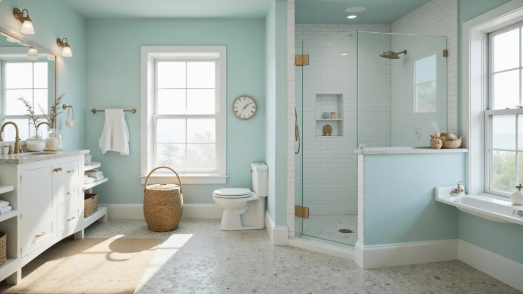 "Coastal-themed bathroom with seafoam blue walls, glass shower, pebbled floor, seagrass decor and natural morning light"