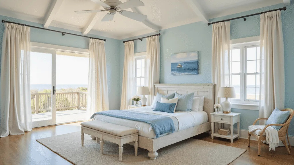 "Serene coastal bedroom with whitewashed wood platform bed, soft blue walls, sheer curtains, and natural light"