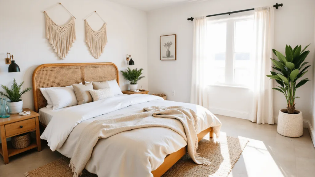 "Bohemian coastal bedroom with rattan headboard, macrame wall decor, layered linen bedding, and natural sunlight"