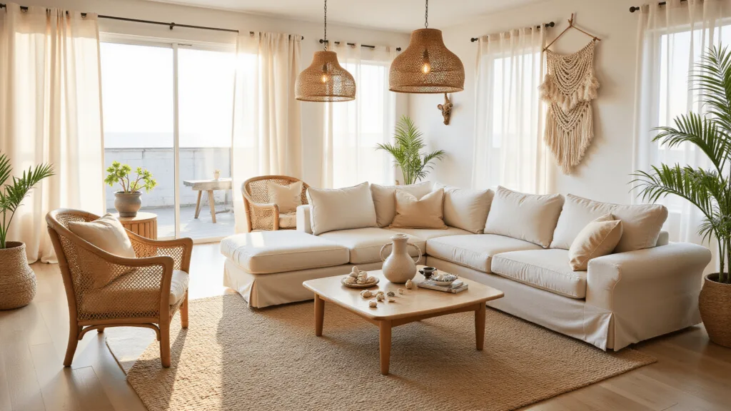 "Coastal bohemian living room with rattan chairs, macramé wall hangings, linen sofa, seashells, driftwood, natural light and warm tones"