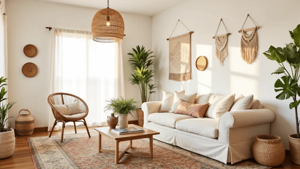 "Sunlit coastal bohemian living room with rattan furniture, linen sofa, monstera plants, macrame wall hangings, and vintage Moroccan rugs"