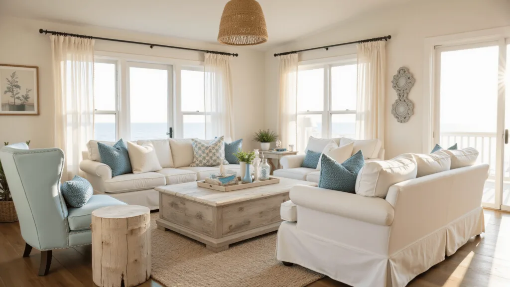 "Coastal chic living room with rope pendant light, driftwood furniture, seafoam blue accents, and warm golden hour light."
