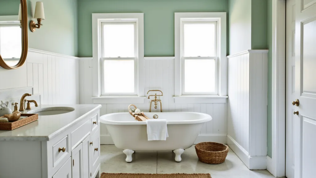 "Coastal bathroom with seafoam green walls, white clawfoot tub, natural light, woven rattan accents, and beach-inspired decor."