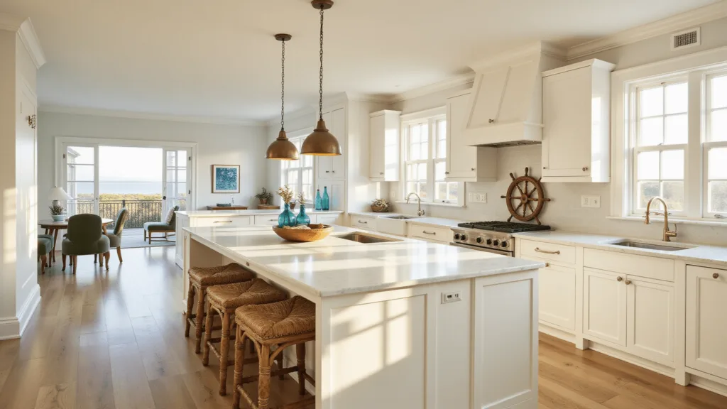 "Coastal kitchen with white cabinets, marble island, rattan stools and nautical accents in golden hour light"