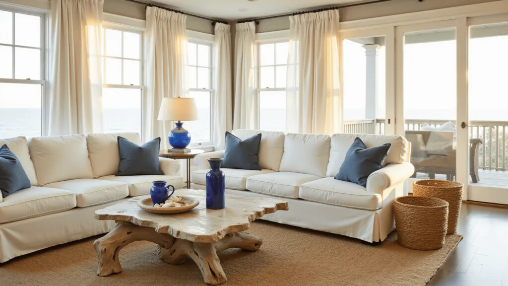 "Coastal living room with cream linen sofa, rattan chairs, driftwood table, sea glass vases, aqua wallpaper, woven pendant lights during golden hour"