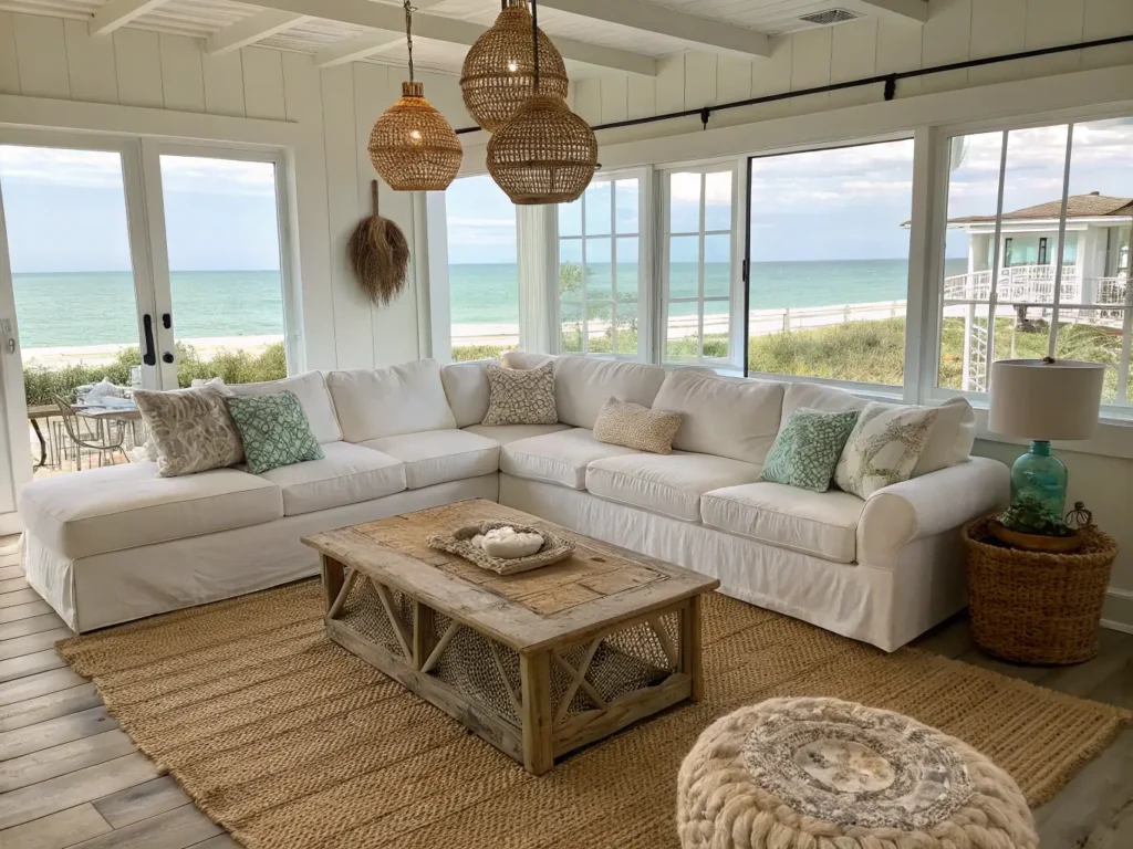 "Coastal living room with white sectional sofa, driftwood coffee table, seashell decor, and ocean view through floor-to-ceiling windows"