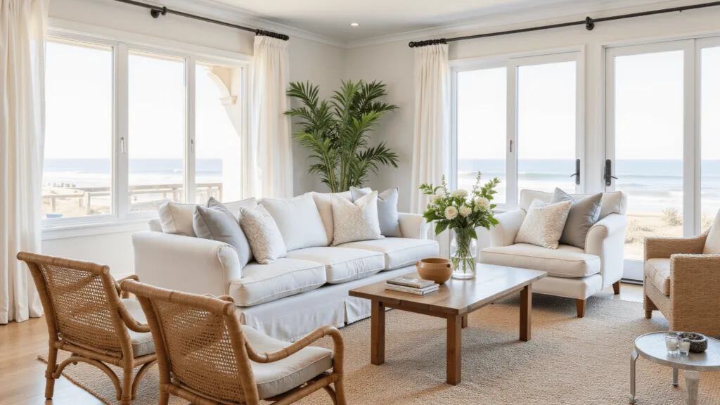 "Coastal living room in California featuring white linen sofa, rattan chairs, jute rug, large ocean view windows, bathed in golden hour natural light, showcasing beachy textures in a neutral color palette."