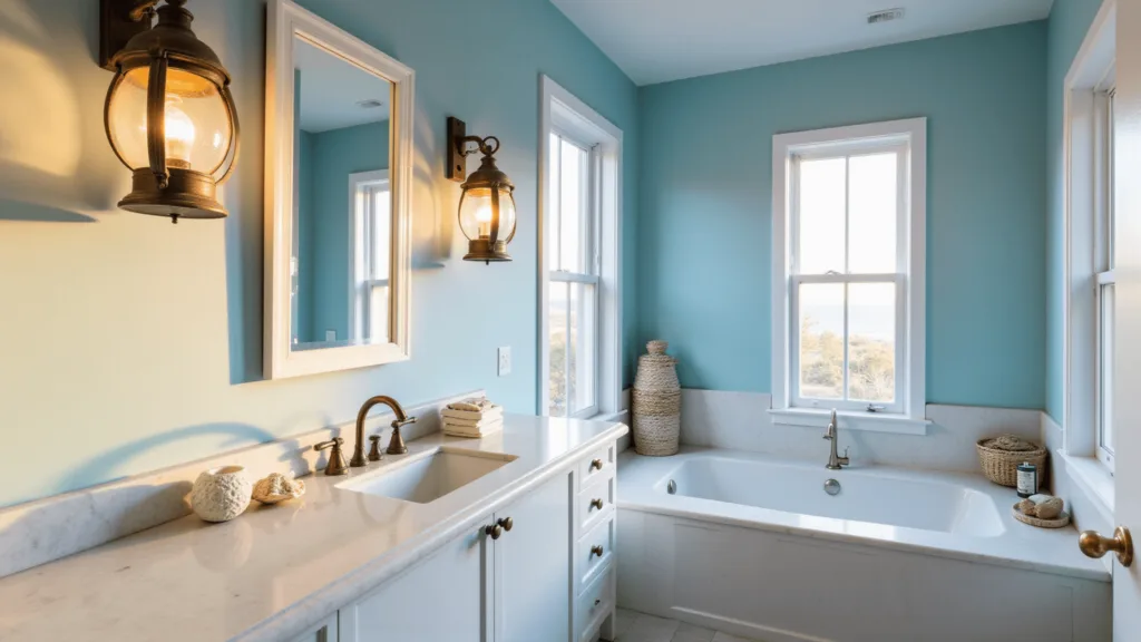 "Coastal bathroom with bronze lantern sconces, white marble vanity, blue walls and seaside decor under golden sunlight"
