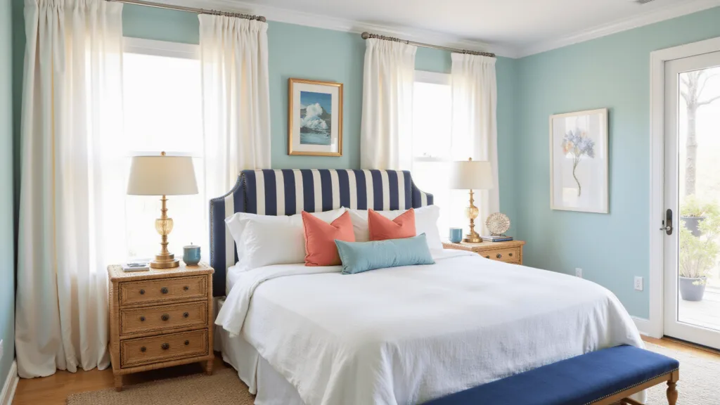 "Nautical themed coastal bedroom with navy-striped headboard, white bedding, and sea-inspired decor in soft morning light"