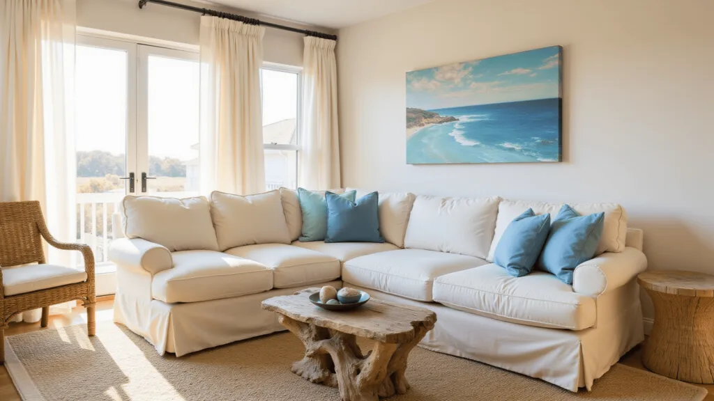 "Sunlit coastal living room with ivory sofa, azure pillows, driftwood coffee table, rattan chair, and seascape artwork on the wall"