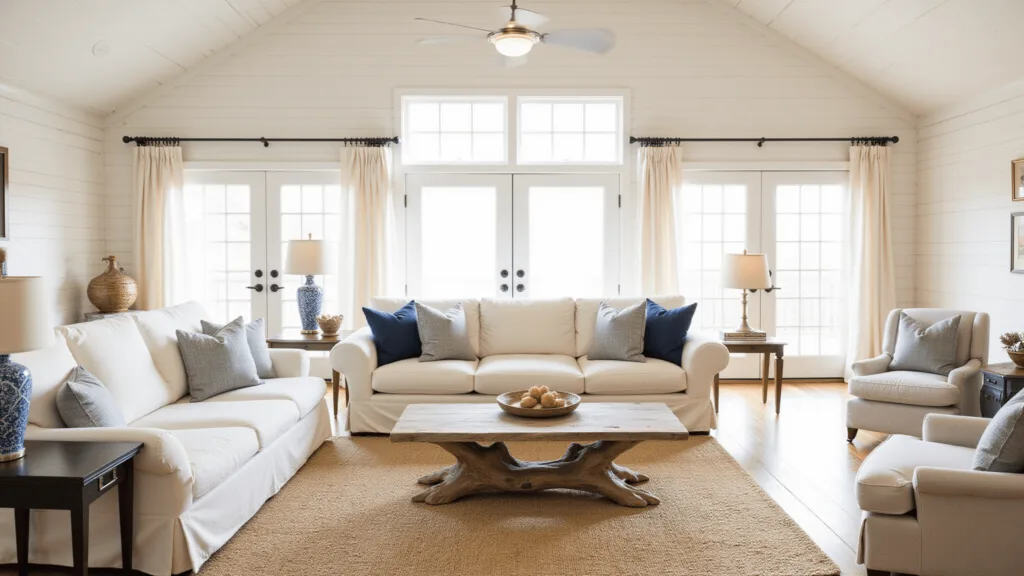 "Coastal living room with vaulted ceilings, cream linen sofa, driftwood tables, jute rugs, and indigo accent pillows, sunlit from floor-to-ceiling windows"