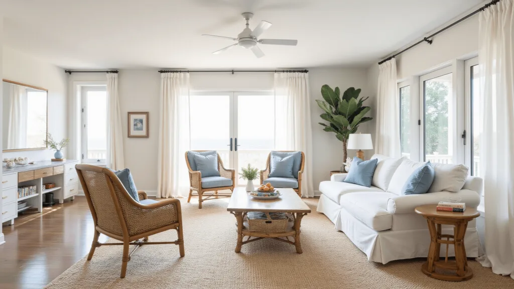 "Sunlit coastal living room with white linen sofa, rattan chairs, driftwood accents, sheer curtains, soft blue and natural textures during golden hour"