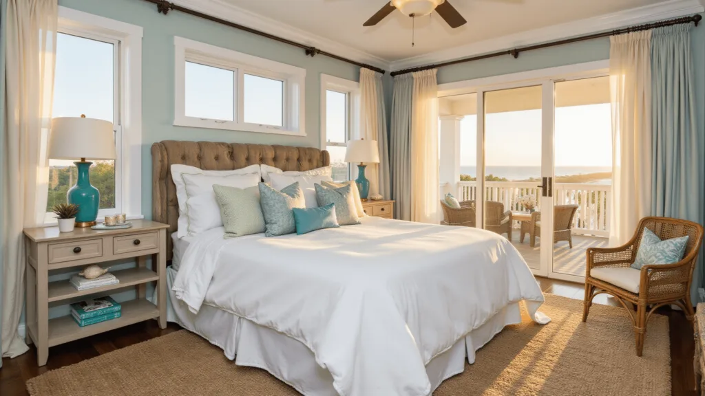 "Coastal master bedroom with white linen bed, rattan furniture, jute rug, driftwood accents, and shell decor under warm sunset light through sheer curtains"